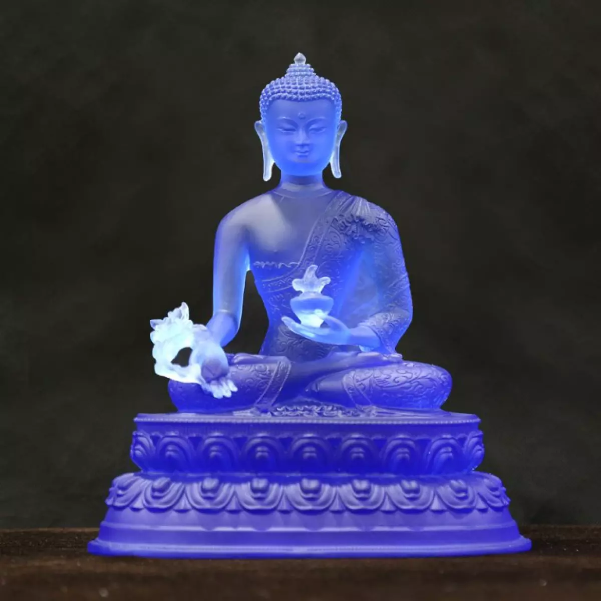 Tượng Phật Dược Sư Ngồi, Bằng Lưu Ly Mầu Xanh Sapphire, Cao 31cm