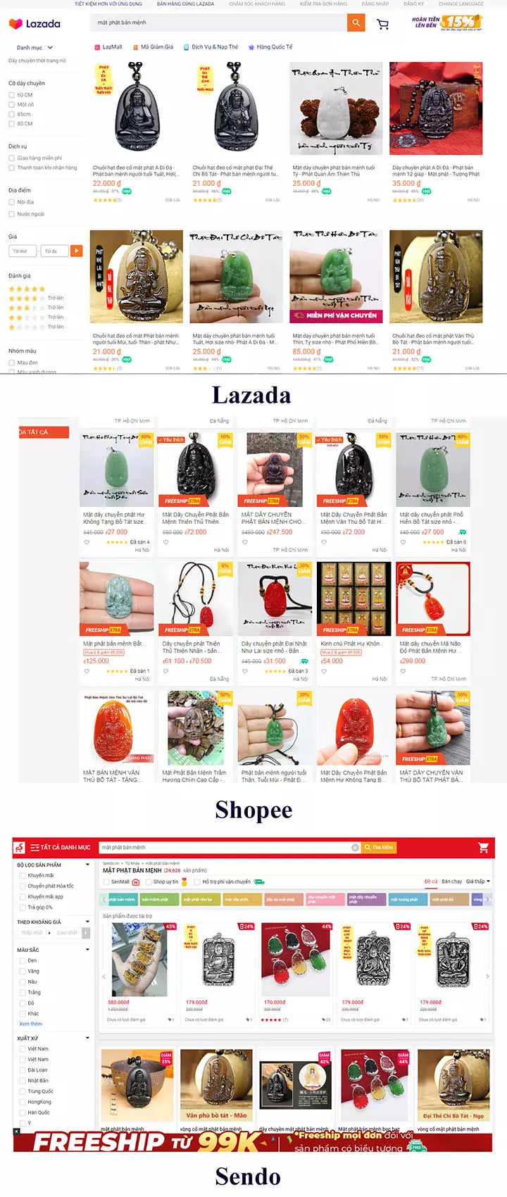 mua phật bản mệnh trên Lazada, Sendo, Tiki, Shopee