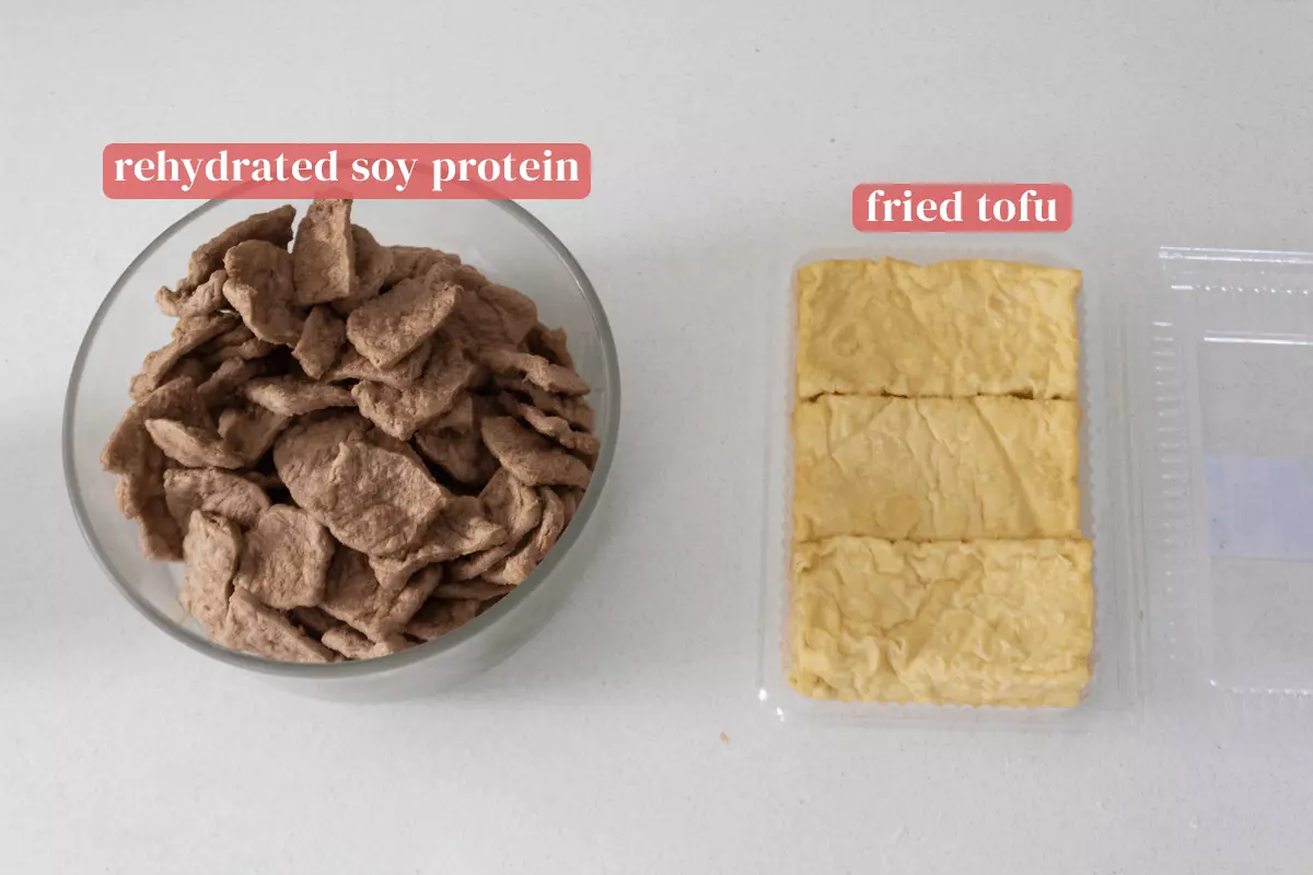 Soy protein in a bowl next to fried tofu in a plastic container.