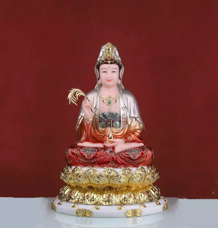 Tượng Phật Quan Âm Bồ Tát Ngồi Đế Sen Vẽ, Bột Đá, Cao 30cm, 40cm, 48cm