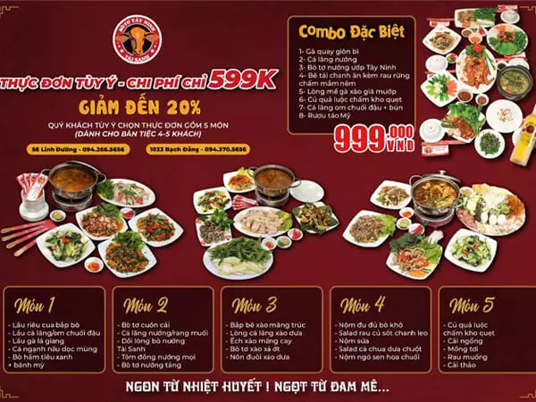 Menu 5 combo cơ bản của nhà hàng Bò Tơ Tây Ninh Tài Sanh