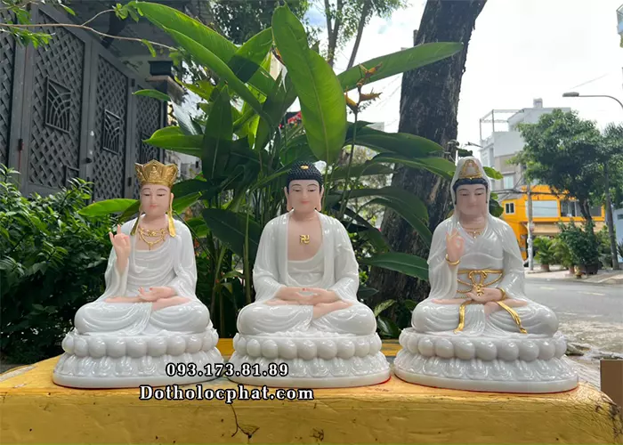 Bộ Tượng Ta Bà Tam Thánh Bột Đá Trắng Đế Hoa Sen Nở TBTT-009